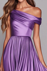 Lila Eine Schulter A Line Satin Langes Hochzeitsgastkleid